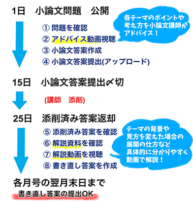 1日 小論文問題公開 ➀問題を確認  ②アドバイス動画視聴 各テーマのポイントや考え方を小論文講師がアドバイス！ ③小論文答案作成 ④小論文答案提出（アップロード） 15日 小論文答案提出〆切（講師 添削）25日 添削済み答案返却⑤添削済み答案を確認 ⑥解説資料を確認　⑦解説動画を視聴 テーマの背景や味方を変えた場合の展開の仕方など具体的に分かりやすく動画で解説！ ⑧書き直し答案を作成 各月号の翌月末日まで 書き直し答案の提出OK