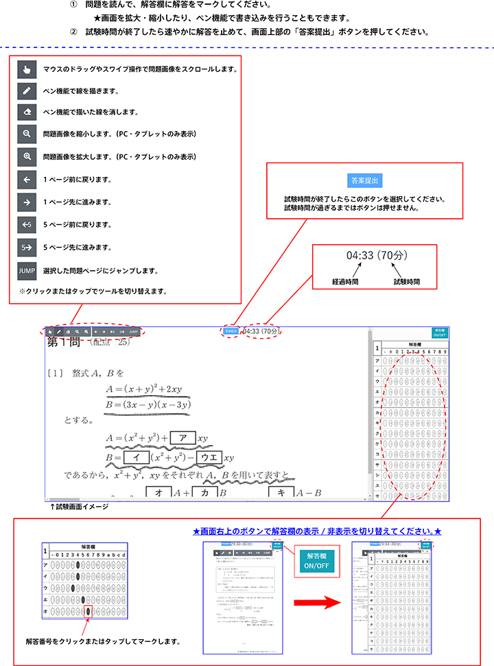 Web受験システム画面のイメージ画像です。①問題を読んで、解答欄に解答をマークしてください。画面を拡大・縮小したり、ペン機能で書き込みを行うこともできます。②試験時間が終了したら速やかに解答を止めて、画面上部の「答案提出」ボタンを押してください。試験時間が過ぎるまではボタンは押せません。スマートフォンでは画面右上のボタンで解答欄の表示/非表示を切り替えてください。解答欄は解答番号をクリックまたはタップしてマークします。