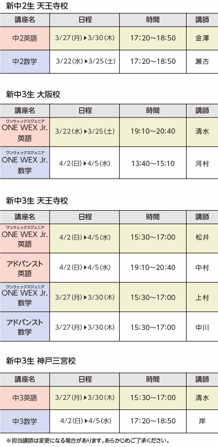 講座案内・時間割 | 中学グリーンコース近畿 春期講習 | 大学受験の