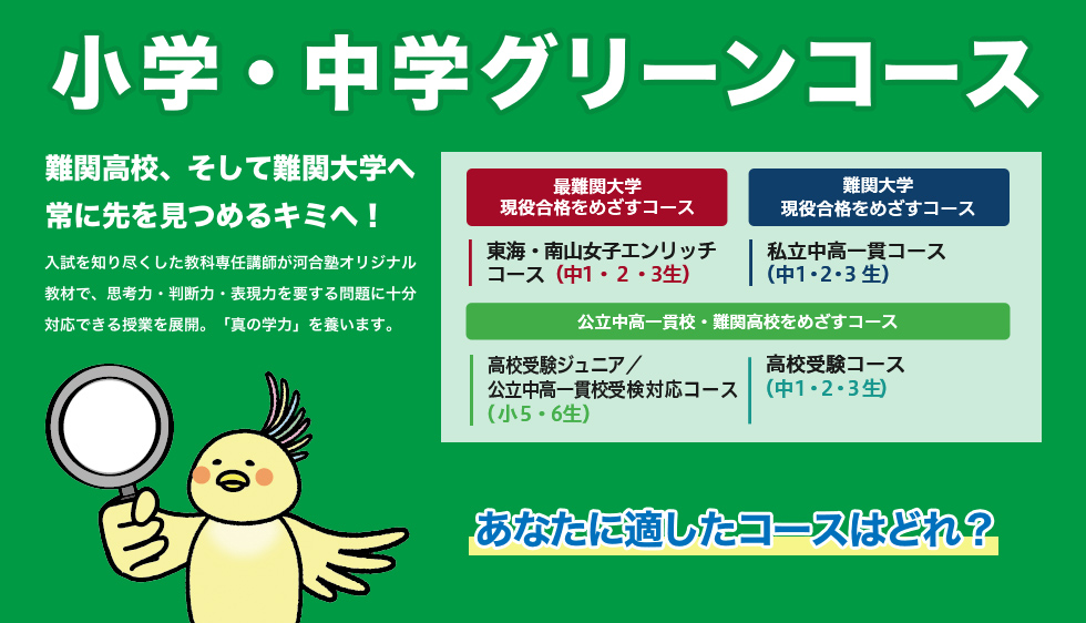 小学・中学グリーンコース 難関高校、そして難関大学へ常に先を見つめるキミへ！入試を知り尽くした教科専任講師が河合塾オリジナル教材で、思考力・判断力・表現力を要する問題に十分対応できる授業を展開。「真の学力」を養います。【最難関大学合格をめざすコース】東海・南山女子エンリッチコース（中1・2・3生）【難関大学合格をめざすコース】私立中高一貫コース（中1・2・3生）【公立中高一貫校・難関高校合格をめざすコース】高校受験ジュニア／公立中高一貫校受検対応コース（小5・6生）高校受験ジュニアコース（小6生）高校受験コース（中1・2・3生）