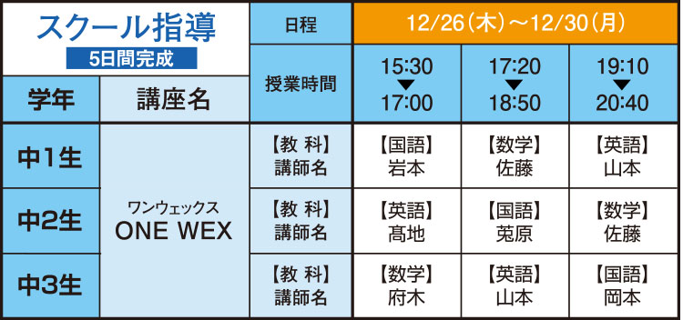 スクール指導（5日間完成）の詳細スケジュールです。