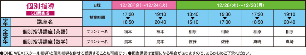 個別指導（5日間完成）の詳細スケジュールです。 ●ONE WEX（スクール指導）と個別指導を併せて受講することも可能です。●担当講師は変更になる場合がありますので、あらかじめご了承ください。