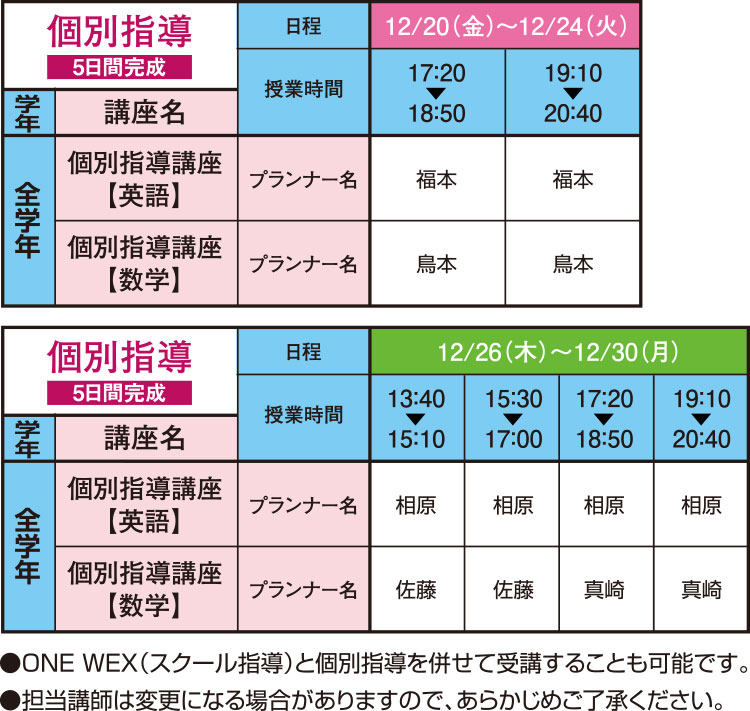 個別指導（5日間完成）の詳細スケジュールです。 ●ONE WEX（スクール指導）と個別指導を併せて受講することも可能です。●担当講師は変更になる場合がありますので、あらかじめご了承ください。