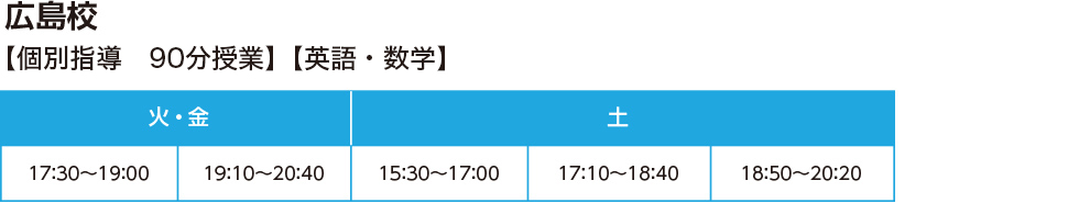 広島校【個別指導 90分授業】【英語・数学】火・金 17：30～19：00、19：10～20：40　土 15：30～17：00、17：10～18：40、18：50～20：20