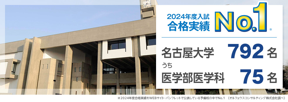 【2024年度入試 合格実績No.1】名古屋大学792名うち医学部医学科75名　※2024年度合格実績をWEBサイト・パンフレットで公表している予備校の中でNo.1（オルフェウスコンサルティング株式会社調べ）