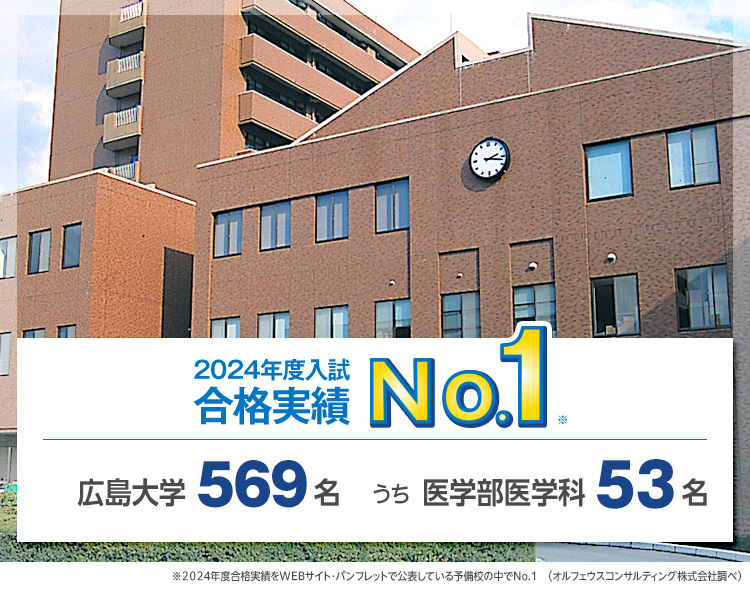 【2024年度入試 合格実績No.1】広島大学569名うち医学部医学科53名　※2024年度合格実績をWEBサイト・パンフレットで公表している予備校の中でNo.1（オルフェウスコンサルティング株式会社調べ）