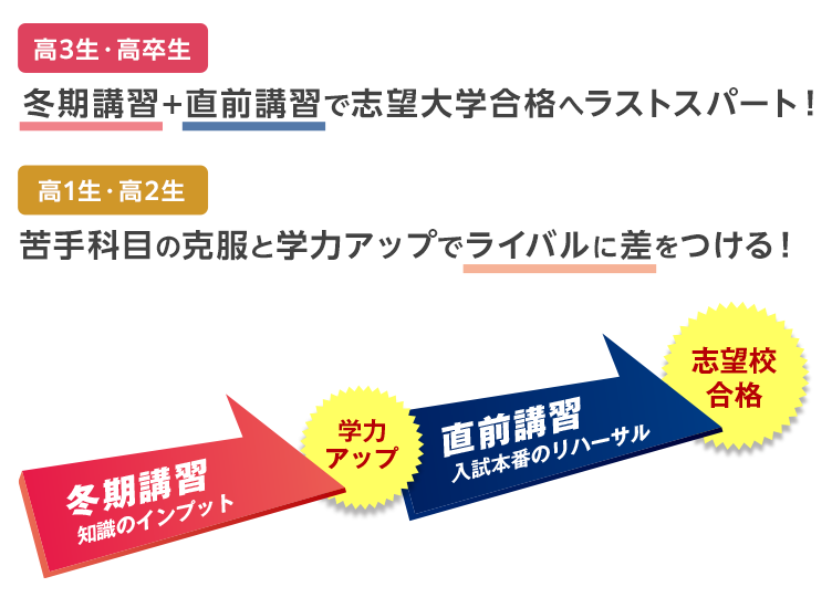 【高3生・高卒生】冬期講習＋直前講習で 志望大学合格へラストスパート！【高1生・高2生】苦手科目の克服と学力アップでライバルに差をつける！ 冬期講習（知識のインプット）学力アップ　直前講習（入試本番のリハーサル） 志望校合格