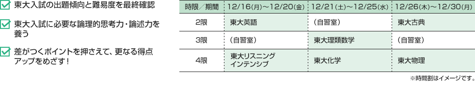 ・東大入試の出題傾向と難易度を最終確認・東大入試に必要な論理的思考力・論述力を養う・差がつくポイントを押さえて、更なる得点アップをめざす！ [12/16（月）～12/20（金）]2限：東大英語 3限：（自習室） 4限：東大リスニング　インテンシブ [12/21（土）～12/25（水）]2限：（自習室） 3限：東大理類数学 4限：東大化学 [12/26（木）～12/30（月）]2限：東大古典 3限：（自習室） 4限：東大物理※時間割はイメージです。