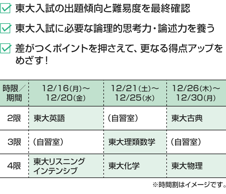 ・東大入試の出題傾向と難易度を最終確認・東大入試に必要な論理的思考力・論述力を養う・差がつくポイントを押さえて、更なる得点アップをめざす！ [12/16（月）～12/20（金）]2限：東大英語 3限：（自習室） 4限：東大リスニング　インテンシブ [12/21（土）～12/25（水）]2限：（自習室） 3限：東大理類数学 4限：東大化学 [12/26（木）～12/30（月）]2限：東大古典 3限：（自習室） 4限：東大物理※時間割はイメージです。