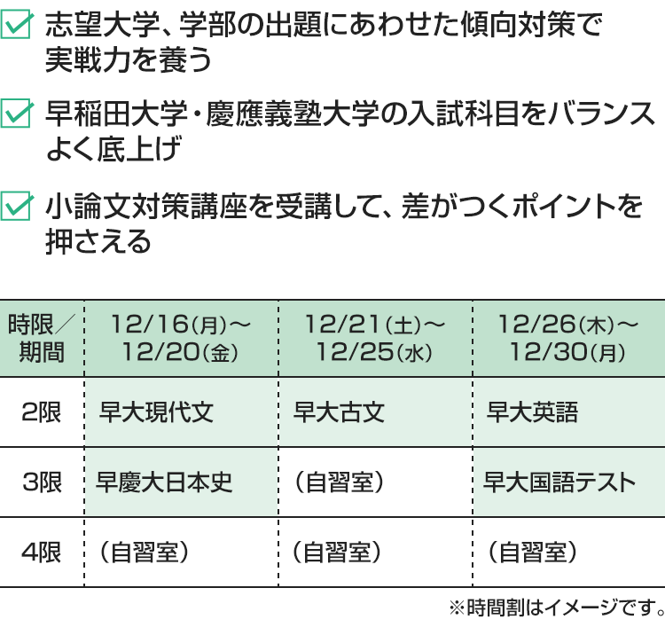 ・志望大学、学部の出題にあわせた傾向対策で実戦力を養う・早稲田大学・慶應義塾大学の入試科目をバランスよく底上げ・小論文対策講座を受講して、差がつくポイントを押さえる[12/16（月）～12/20（金）]2限：早大現代文 3限：早慶大日本史 4限：（自習室）[12/21（土）～12/25（水）]2限：早大古文 3限：（自習室） 4限：（自習室）[12/26（木）～12/30（月）]2限：早大英語 3限：早大国語テスト 4限：（自習室）※時間割はイメージです。