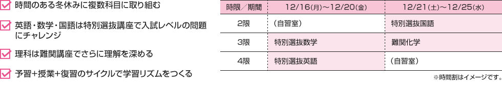 ・時間のある冬休みに複数科目に取り組む・英語・数学・国語は特別選抜講座で入試レベルの問題にチャレンジ・理科は難関講座でさらに理解を深める・予習+授業+復習のサイクルで学習リズムをつくる [12/16（月）～12/20（金）]2限：（自習室） 3限：特別選抜数学 4限：特別選抜英語[12/21（土）～12/25（水）]2限：特別選抜国語 3限：難関化学 4限：（自習室）※時間割はイメージです。