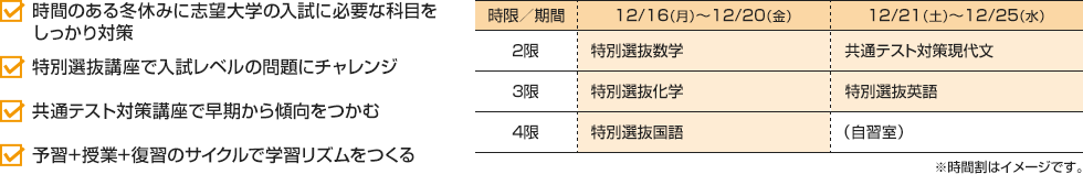 ・時間のある冬休みに志望大学の入試に必要な科目をしっかり対策・特別選抜講座で入試レベルの問題にチャレンジ・共通テスト対策講座で早期から傾向をつかむ・予習+授業+復習のサイクルで学習リズムをつくる [12/16（月）～12/20（金）]2限：特別選抜数学 3限：特別選抜化学 4限：特別選抜国語[12/21（土）～12/25（水）]2限：共通テスト対策現代文 3限：特別選抜英語 4限：（自習室）※時間割はイメージです。