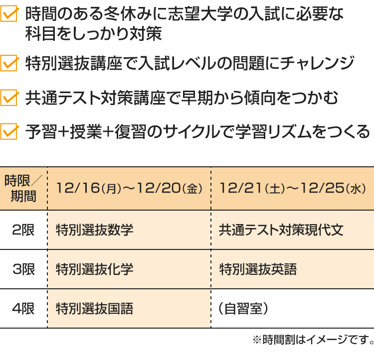 ・時間のある冬休みに志望大学の入試に必要な科目をしっかり対策・特別選抜講座で入試レベルの問題にチャレンジ・共通テスト対策講座で早期から傾向をつかむ・予習+授業+復習のサイクルで学習リズムをつくる [12/16（月）～12/20（金）]2限：特別選抜数学 3限：特別選抜化学 4限：特別選抜国語[12/21（土）～12/25（水）]2限：共通テスト対策現代文 3限：特別選抜英語 4限：（自習室）※時間割はイメージです。