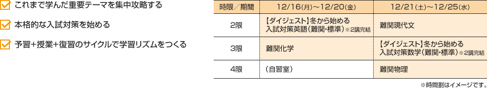 ・これまで学んだ重要テーマを集中攻略する・本格的な入試対策を始める・予習+授業+復習のサイクルで学習リズムをつくる [12/16（月）～12/20（金）]2限：【ダイジェスト】冬から始める入試対策英語（難関・標準）※2講完結 3限：難関化学 4限：（自習室）[12/21（土）～12/25（水）]2限：難関現代文 3限：【ダイジェスト】冬から始める入試対策数学（難関・標準）※2講完結 4限：難関物理※時間割はイメージです。