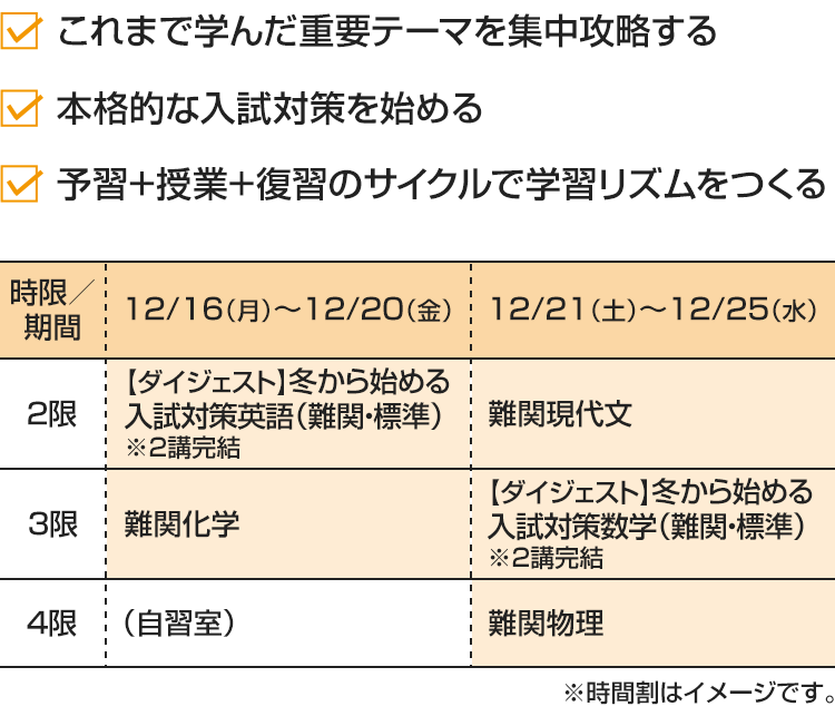 ・これまで学んだ重要テーマを集中攻略する・本格的な入試対策を始める・予習+授業+復習のサイクルで学習リズムをつくる [12/16（月）～12/20（金）]2限：【ダイジェスト】冬から始める入試対策英語（難関・標準）※2講完結 3限：難関化学 4限：（自習室）[12/21（土）～12/25（水）]2限：難関現代文 3限：【ダイジェスト】冬から始める入試対策数学（難関・標準）※2講完結 4限：難関物理※時間割はイメージです。