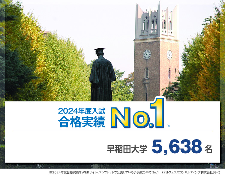 【2024年度入試 合格実績No.1】早稲田大学 5,638名　※2024年度合格実績をWEBサイト・パンフレットで公表している予備校の中でNo.1（オルフェウスコンサルティング株式会社調べ）