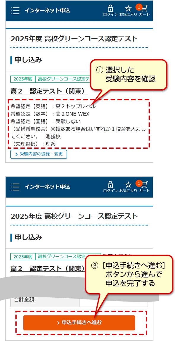 ① 選択した受験内容を確認　②［申込手続きへ進む］ボタンから進んで申込を完了する