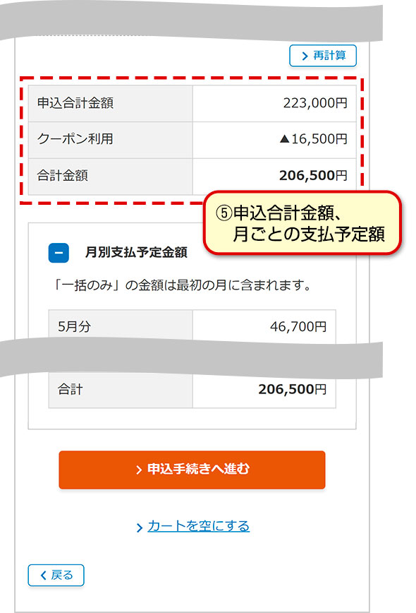 ⑤申込合計金額、月ごとの支払予定額