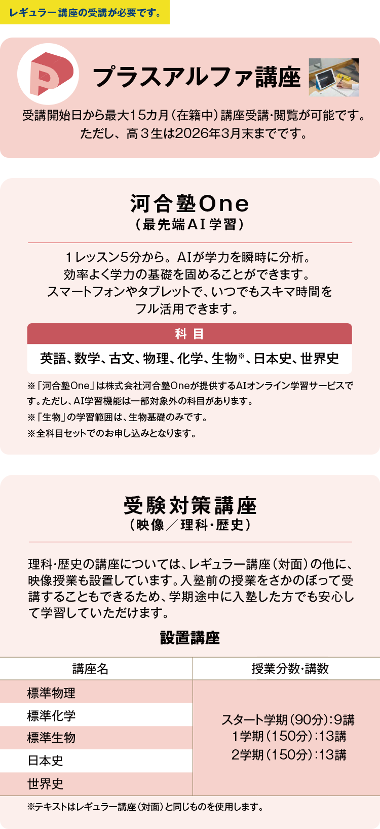 共通テスト対策講座（映像）プラスアルファ講座 ※レギュラー講座の受講が必要です。 受講開始日から最大15カ月（在籍中）講座受講・閲覧が可能です。ただし、高3生は2026年3月末までです。