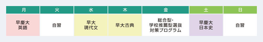 月：早慶大英語　火：自習　水：早大現代文　木：早大古典　金：総合型・学校推薦型選抜対策プログラム　土：早慶大日本史　日：自習