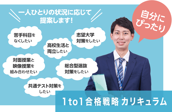 「1to1合格戦略カリキュラム」自分にぴったり 一人ひとりの状況に応じて提案します！