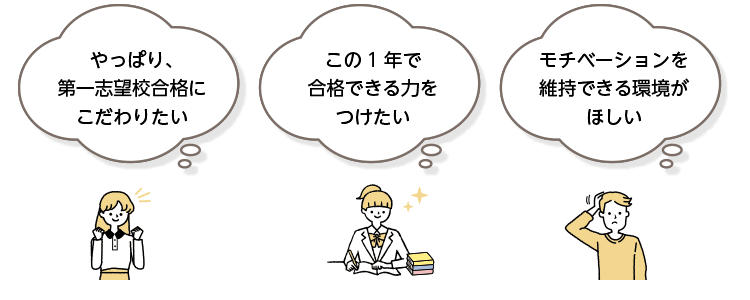 「やっぱり、第一志望校合格にこだわりたい」「この1年で合格できる力をつけたい」「モチベーションを維持できる環境がほしい」