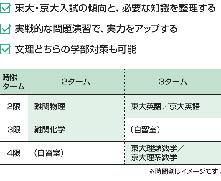 ・東大・京大入試の傾向と、必要な知識を整理する・実戦的な問題演習で、実力をアップする・文理どちらの学部対策も可能　[2ターム]2限：難関物理 3限：難関化学 4限：（自習室）[3ターム]2限：東大英語/京大英語 3限：（自習室） 4限：東大理類数学/京大理系数学※時間割はイメージです。