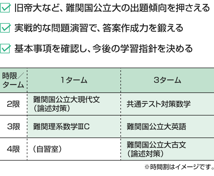 ・旧帝大など、難関国公立大の出題傾向を押さえる・実戦的な問題演習で、答案作成力を鍛える・基本事項を確認し、今後の学習指針を決める　[1ターム]2限：難関国公立大現代文（論述対策） 3限：難関理系数学ⅢC 4限：（自習室）[3ターム]2限：共通テスト対策数学  3限：難関国公立大英語 4限：難関国公立大古文（論述対策）※時間割はイメージです。