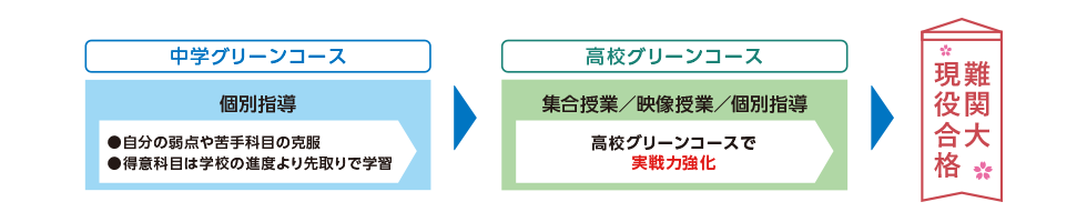 中学グリーンコース 個別指導 ●自分の弱点や苦手科目の克服 ●得意科目は学校の進度より先取りで学習　高校グリーンコース 集合授業／映像授業／個別指導 高校グリーンコースで実戦力強化　難関大現役合格