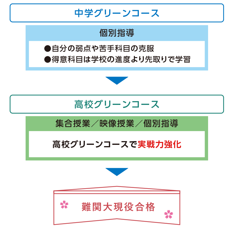 中学グリーンコース 個別指導 ●自分の弱点や苦手科目の克服 ●得意科目は学校の進度より先取りで学習　高校グリーンコース 集合授業／映像授業／個別指導 高校グリーンコースで実戦力強化　難関大現役合格