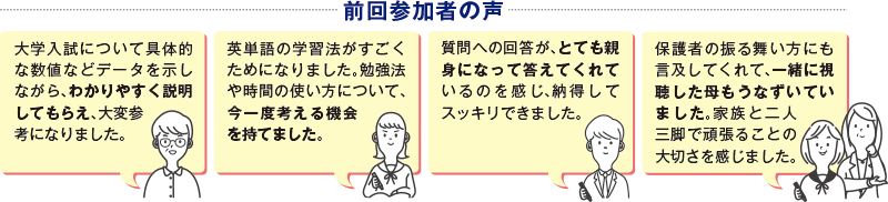 前回参加者の声　大学入試について具体的な数値などデータを示しながら、わかりやすく説明してもらえ、大変参考になりました。　英単語の学習法がすごくためになりました。勉強法や時間の使い方について、今一度考える機会を持てました。　質問への回答が、とても親身になって答えてくれているのを感じ、納得してスッキリできました。　保護者の振る舞い方にも言及してくれて、一緒に視聴した母もうなずいていました。家族と二人三脚で頑張ることの大切さを感じました。