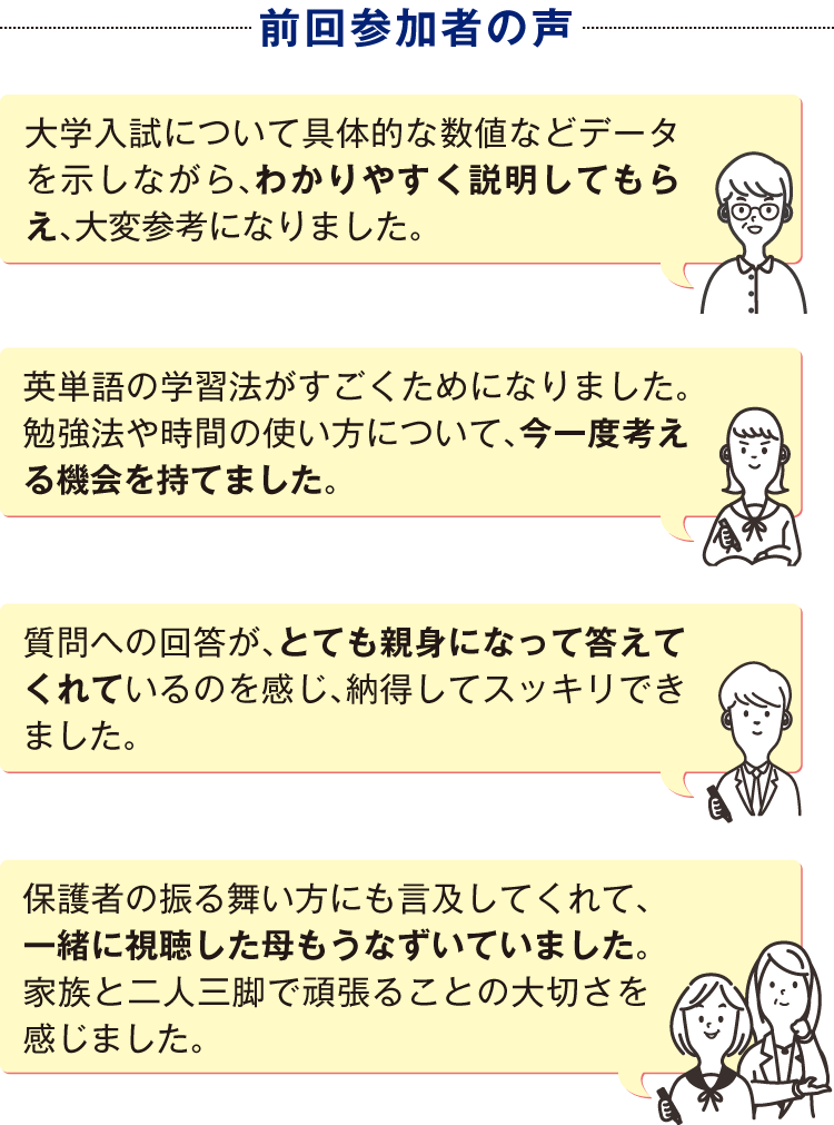 前回参加者の声　大学入試について具体的な数値などデータを示しながら、わかりやすく説明してもらえ、大変参考になりました。　英単語の学習法がすごくためになりました。勉強法や時間の使い方について、今一度考える機会を持てました。　質問への回答が、とても親身になって答えてくれているのを感じ、納得してスッキリできました。　保護者の振る舞い方にも言及してくれて、一緒に視聴した母もうなずいていました。家族と二人三脚で頑張ることの大切さを感じました。