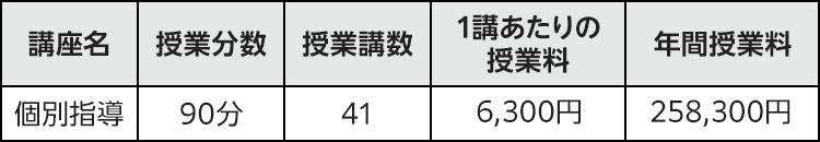 個別指導 授業分数90分 授業講数41 1講あたりの授業料6,300円 年間授業料258,300円