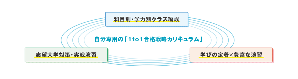 自分専用の「1to1合格戦略カリキュラム」　科目別・学力別クラス編成　学びの定着×豊富な演習　志望別大学対策・実戦演習