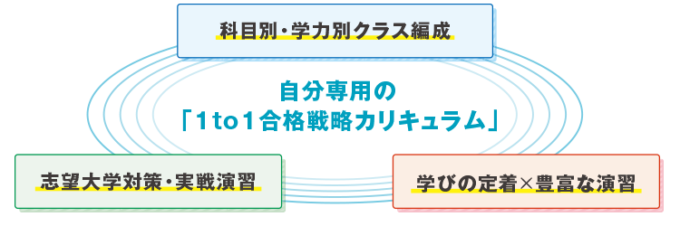 自分専用の「1to1合格戦略カリキュラム」　科目別・学力別クラス編成　学びの定着×豊富な演習　志望別大学対策・実戦演習