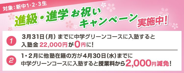 進級・進学お祝いキャンペーン実施中！ 対象：新中1・2・3生 ①3月31日（月）までに中学グリーンコースに入塾すると入塾金22,000円が0円に！　②1・2月に他塾在籍の方が4月30日（水）までに中学グリーンコースに入塾すると授業料から2,000円減免！