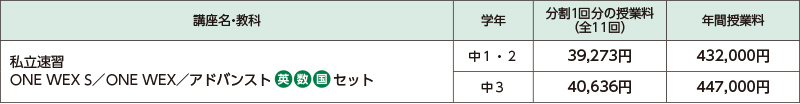 私立速習 ONE WEX S／ONE WEX／アドバンスト 英数刻セット 授業料