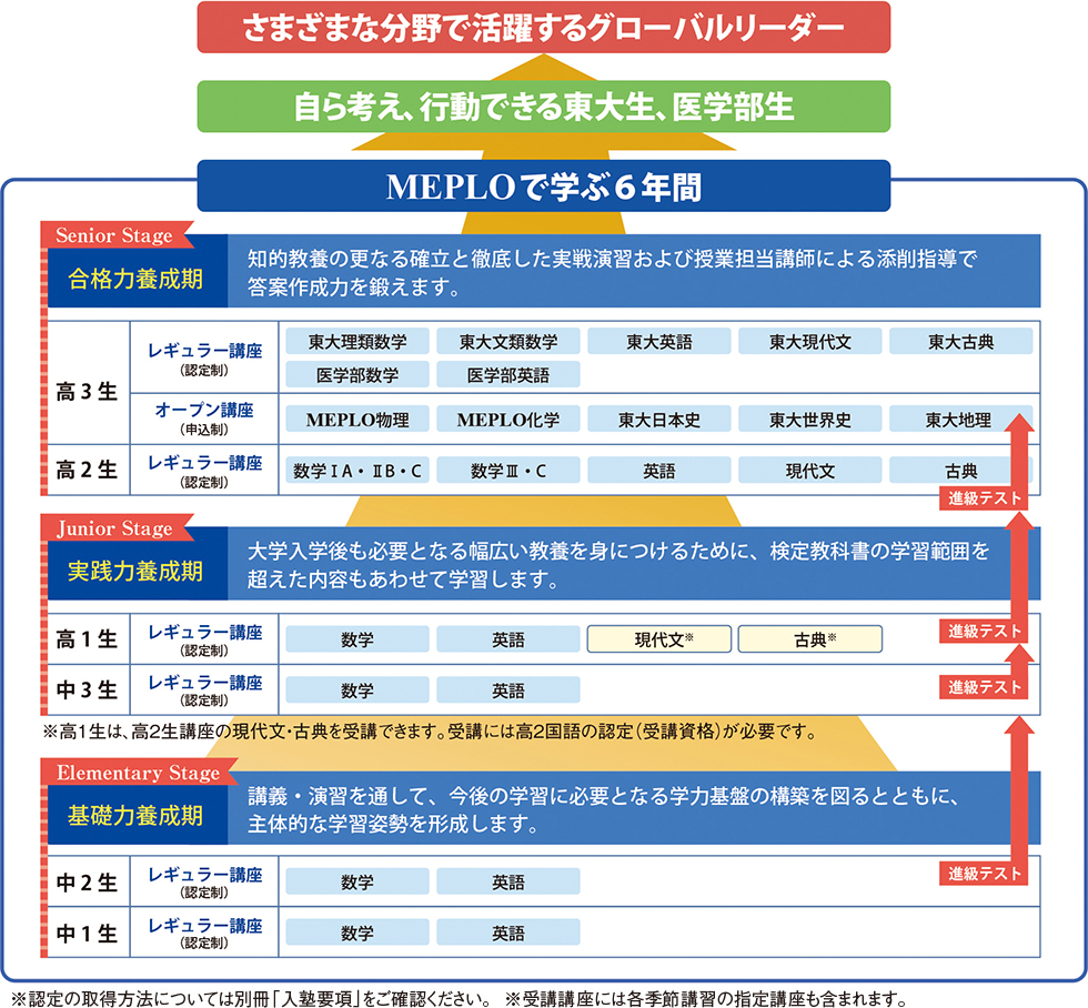 MEPLOで学ぶ6年間（基礎力養成期、実践力養成期、合格力養成期）を経て、自ら考え、行動できる東大生、医学部生となり、さらにさまざまな分野で活躍するグローバルリーダーとなる