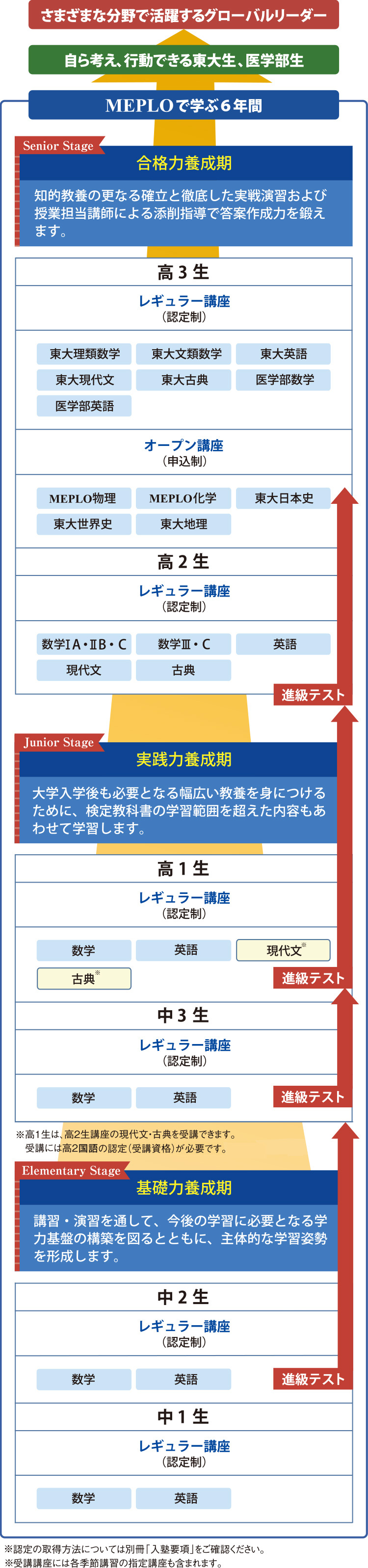 MEPLOで学ぶ6年間（基礎力養成期、実践力養成期、合格力養成期）を経て、自ら考え、行動できる東大生、医学部生となり、さらにさまざまな分野で活躍するグローバルリーダーとなる