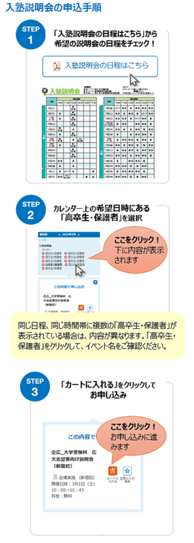 入塾説明会の申込手順　STEP1「入塾説明会のにっていはこちら」から希望の説明会の日程をチェック！STEP2 カレンダー上の希望日時にある「高卒生・保護者」を選択 STEP3 「カートに入れる」をクリックしてお申し込み